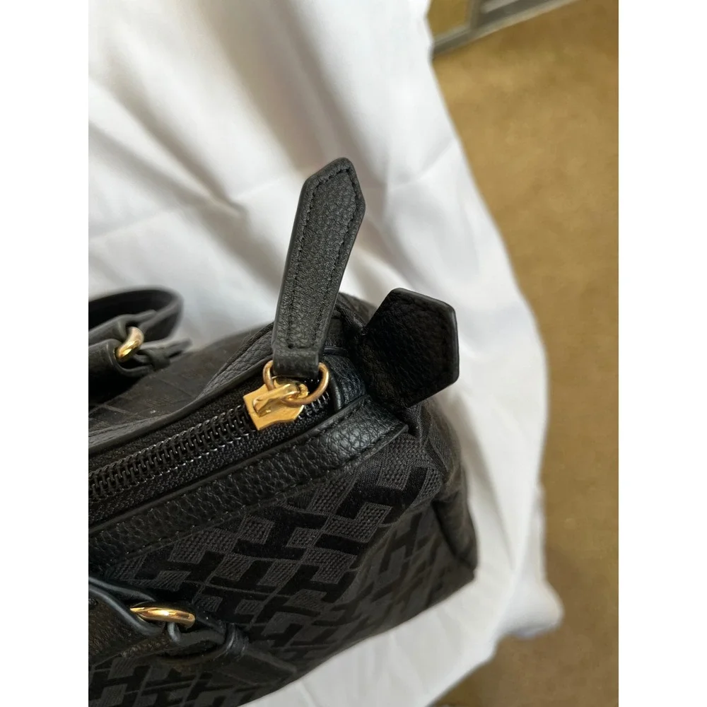 Tommy Hilfiger Black Signature Monogram Satchel‎ Handbag Gold Hardware